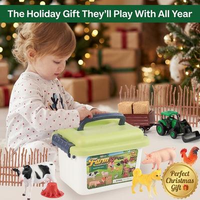 32-Piece Farm Animal Toy Set — Tractors, Animals, Fences & Farmers with Carry Storage Box