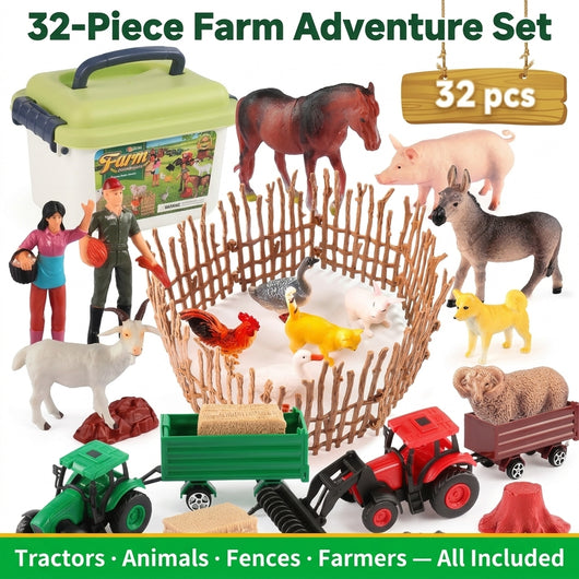 32-Piece Farm Animal Toy Set — Tractors, Animals, Fences & Farmers with Carry Storage Box