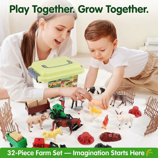 32-Piece Farm Animal Toy Set — Tractors, Animals, Fences & Farmers with Carry Storage Box