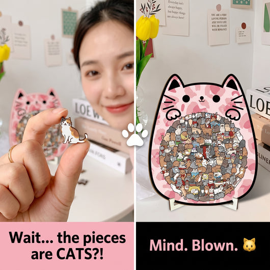 Cat-Shaped Wooden Jigsaw Puzzle — Every Single Piece Is a Tiny Cat