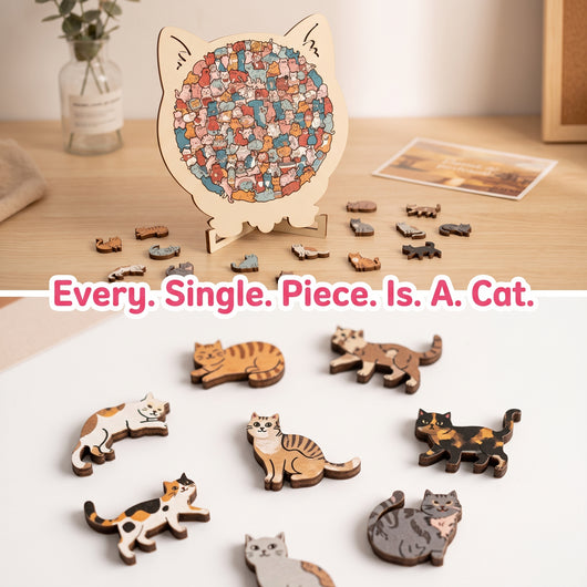 Cat-Shaped Wooden Jigsaw Puzzle — Every Single Piece Is a Tiny Cat