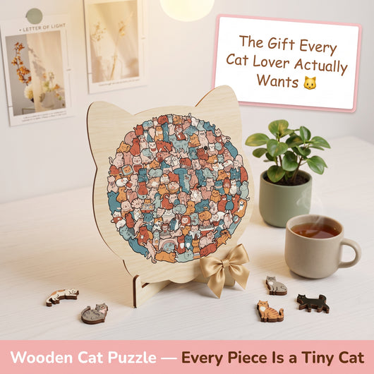 Cat-Shaped Wooden Jigsaw Puzzle — Every Single Piece Is a Tiny Cat