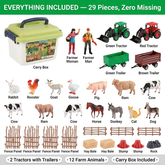 32-Piece Farm Animal Toy Set — Tractors, Animals, Fences & Farmers with Carry Storage Box