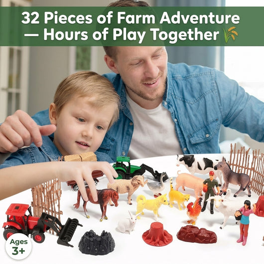 32-Piece Farm Animal Toy Set — Tractors, Animals, Fences & Farmers with Carry Storage Box